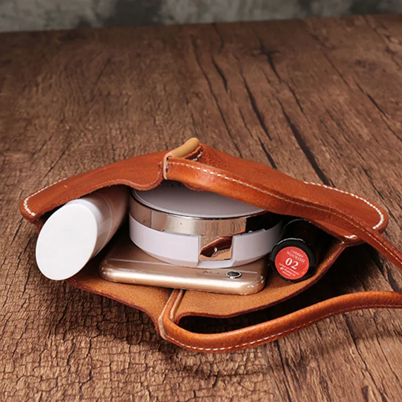 Brown Leather Womens Round Handbag Wristlet Purse Mini Circle Purse For Women