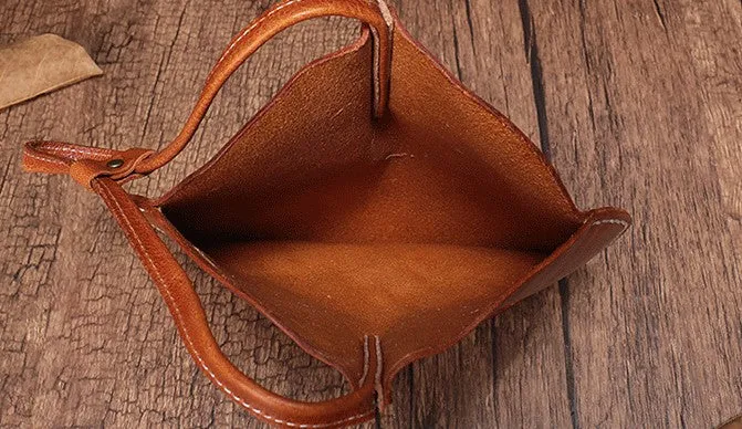 Brown Leather Womens Round Handbag Wristlet Purse Mini Circle Purse For Women