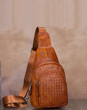 Brown Mens Braided Leather Sling Bag Chest Bags Purses One Shoulder Backpack for Men