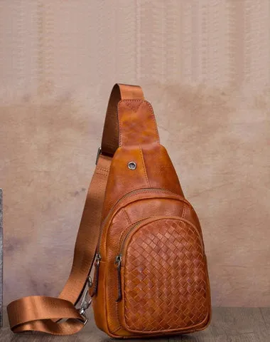 Brown Mens Braided Leather Sling Bag Chest Bags Purses One Shoulder Backpack for Men