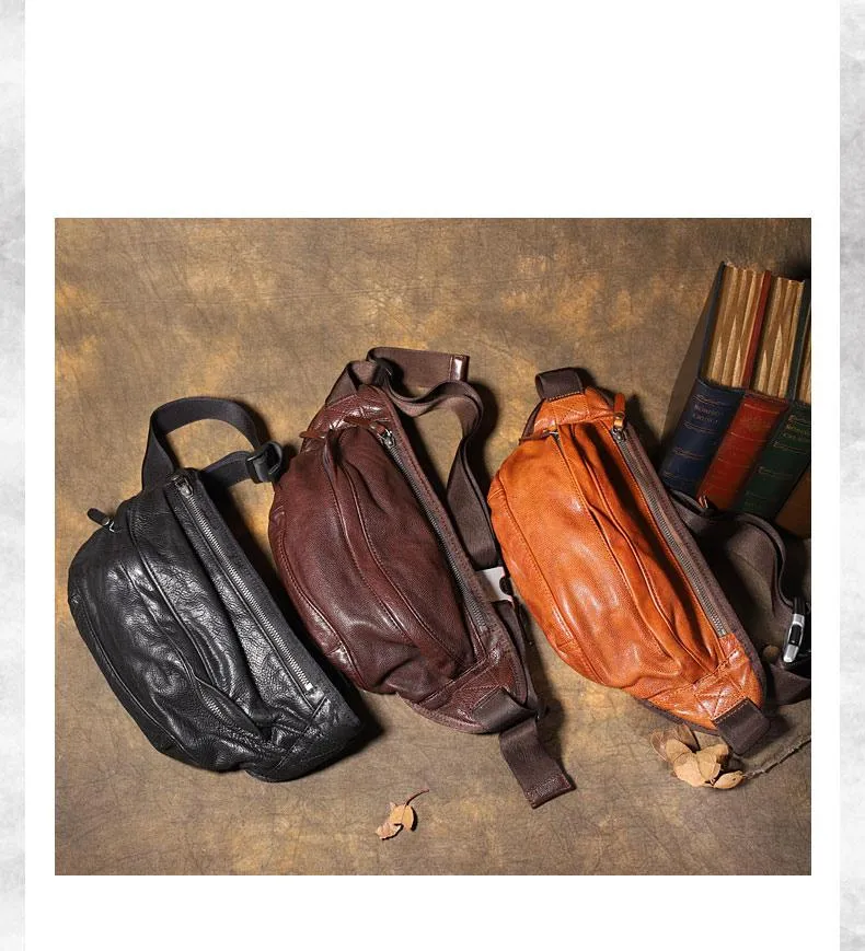 Brown MENS Suede 8 inches Black LEATHER FANNY PACK Chest Bag WAIST BAGS For Men