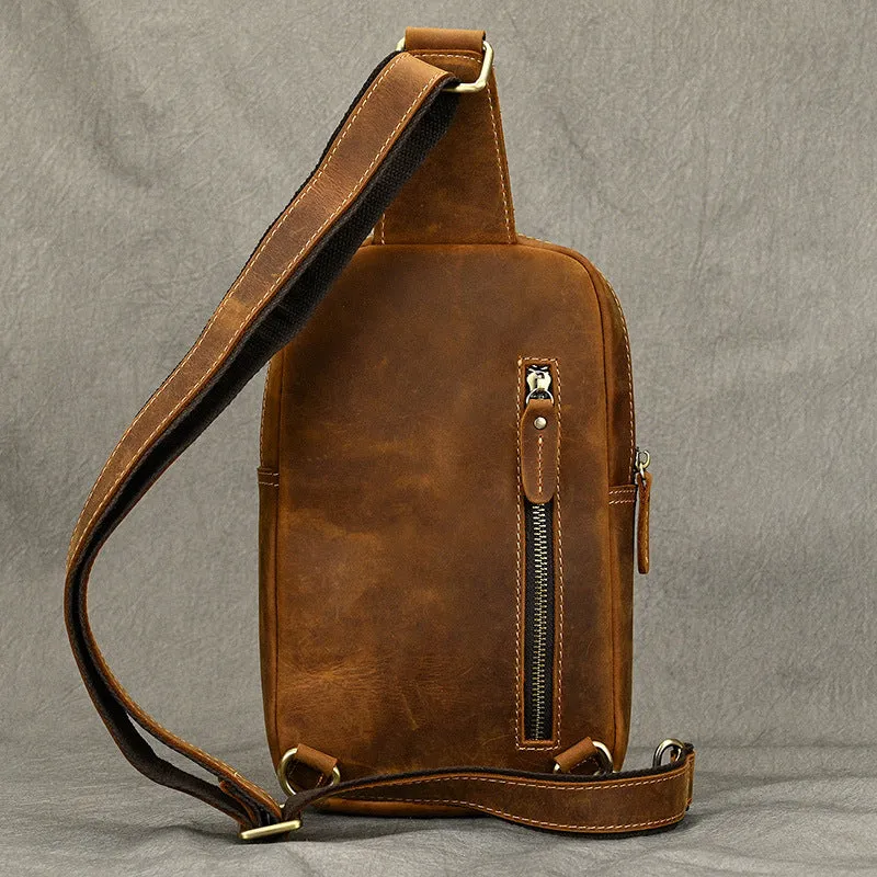 Brown One Strap Backpack For Men Leather Men's Sling Bag Sling Pack Leather Chest Bag