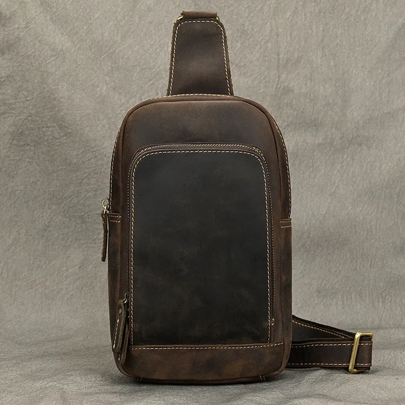Brown One Strap Backpack For Men Leather Men's Sling Bag Sling Pack Leather Chest Bag
