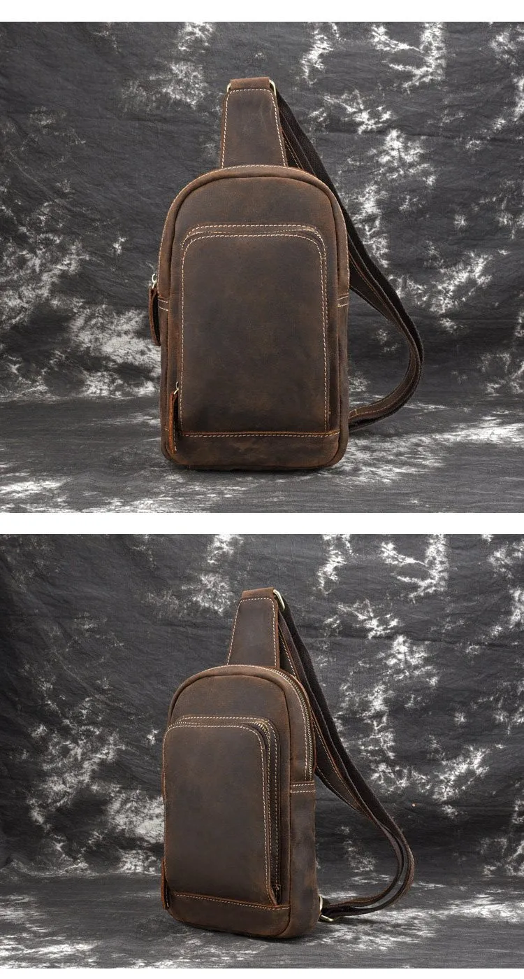 Brown One Strap Backpack For Men Leather Men's Sling Bag Sling Pack Leather Chest Bag