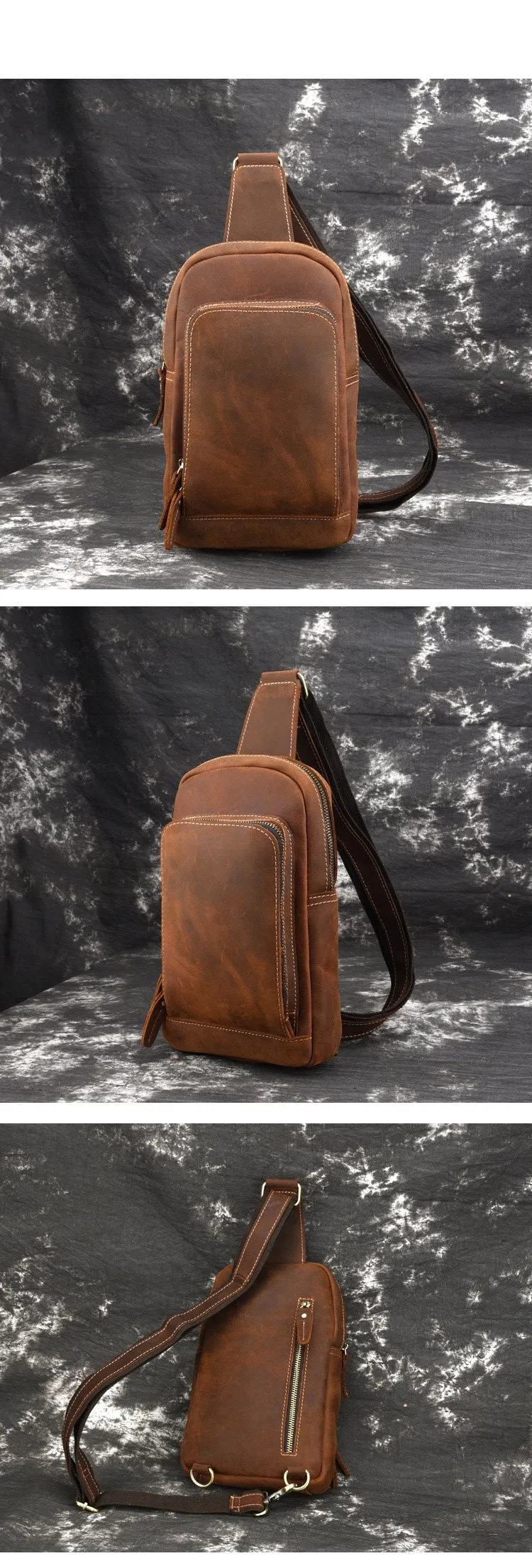 Brown One Strap Backpack For Men Leather Men's Sling Bag Sling Pack Leather Chest Bag