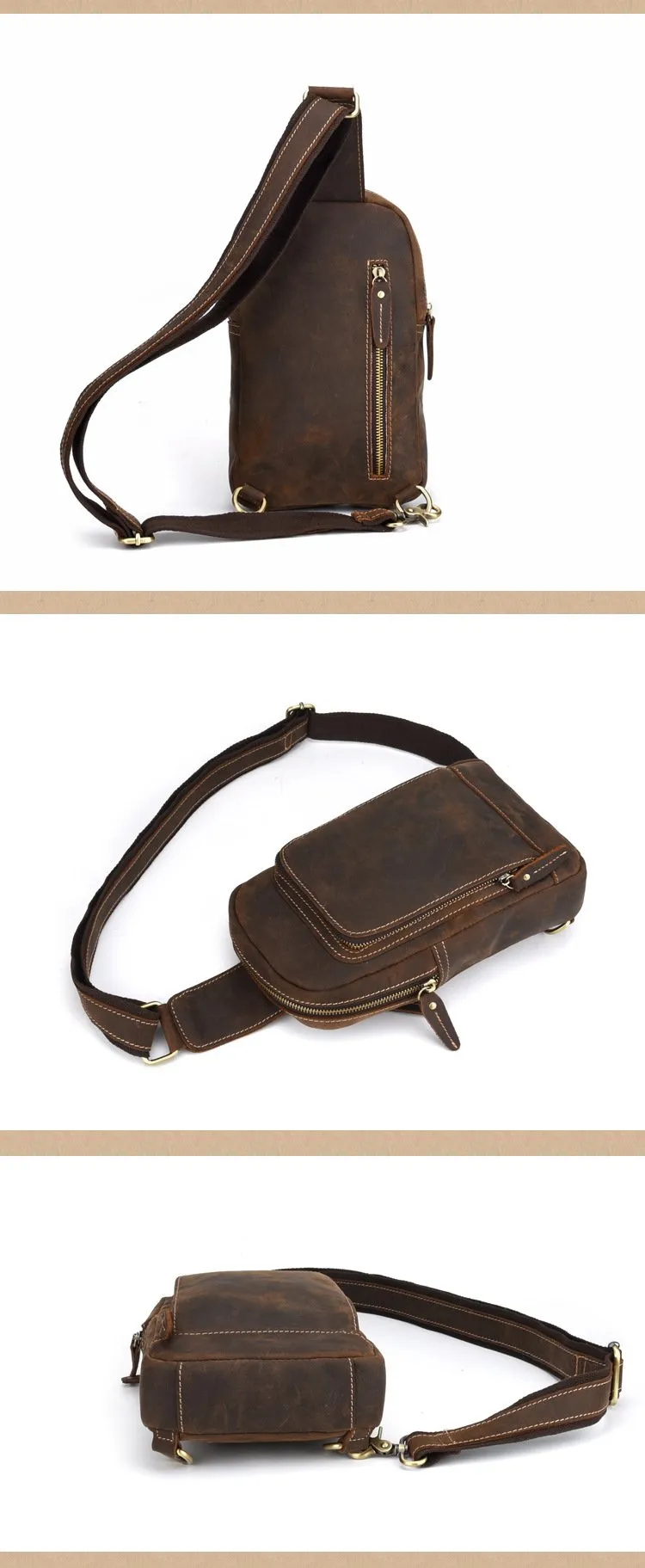 Brown One Strap Backpack For Men Leather Men's Sling Bag Sling Pack Leather Chest Bag