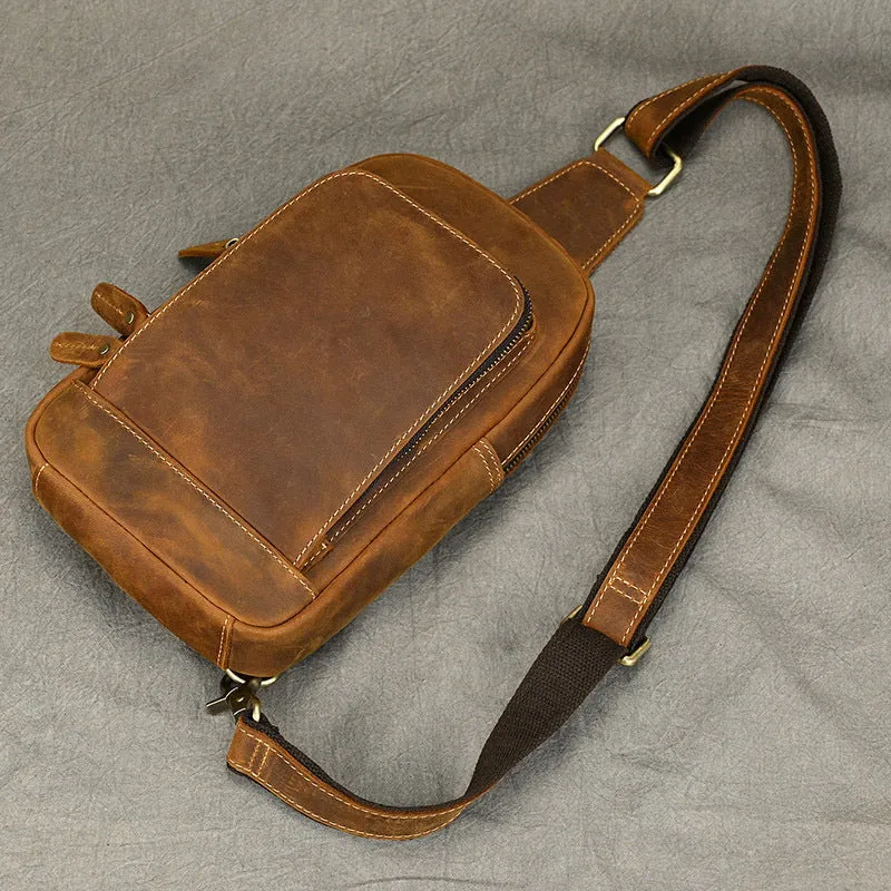 Brown One Strap Backpack For Men Leather Men's Sling Bag Sling Pack Leather Chest Bag