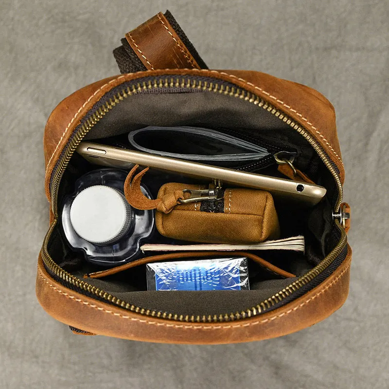 Brown One Strap Backpack For Men Leather Men's Sling Bag Sling Pack Leather Chest Bag