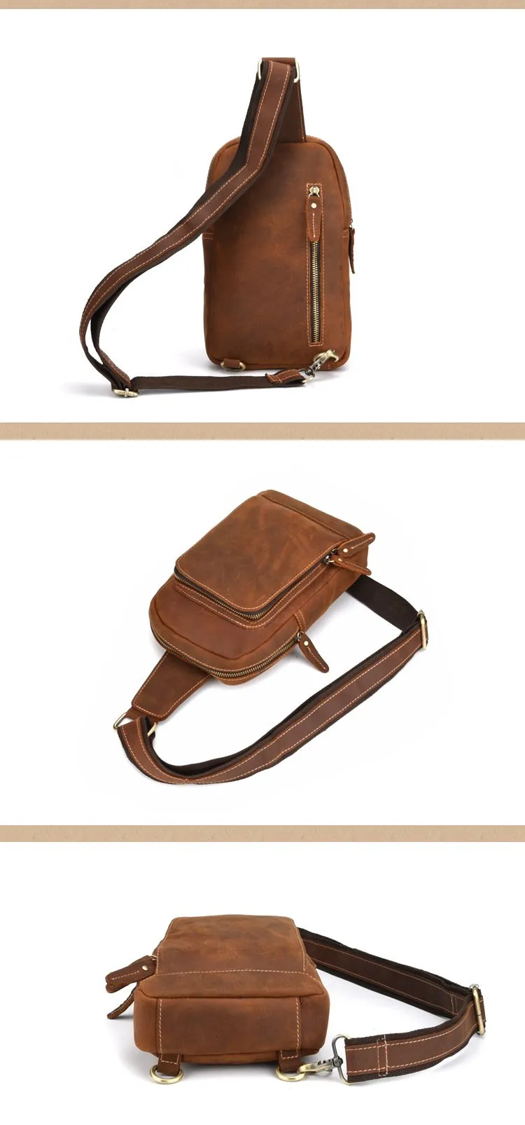 Brown One Strap Backpack For Men Leather Men's Sling Bag Sling Pack Leather Chest Bag