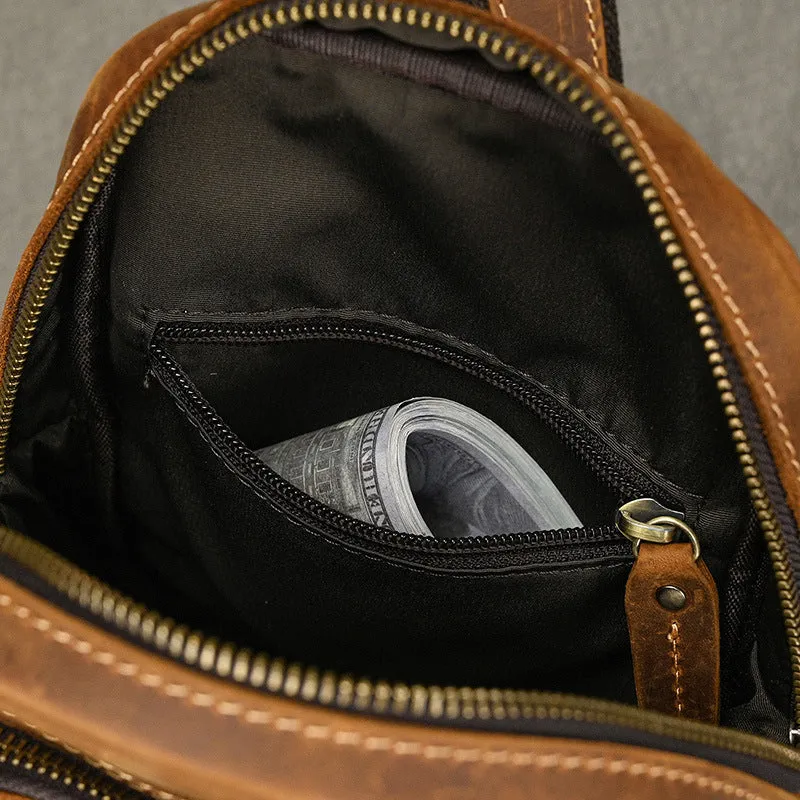 Brown One Strap Backpack For Men Leather Men's Sling Bag Sling Pack Leather Chest Bag