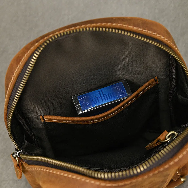 Brown One Strap Backpack For Men Leather Men's Sling Bag Sling Pack Leather Chest Bag