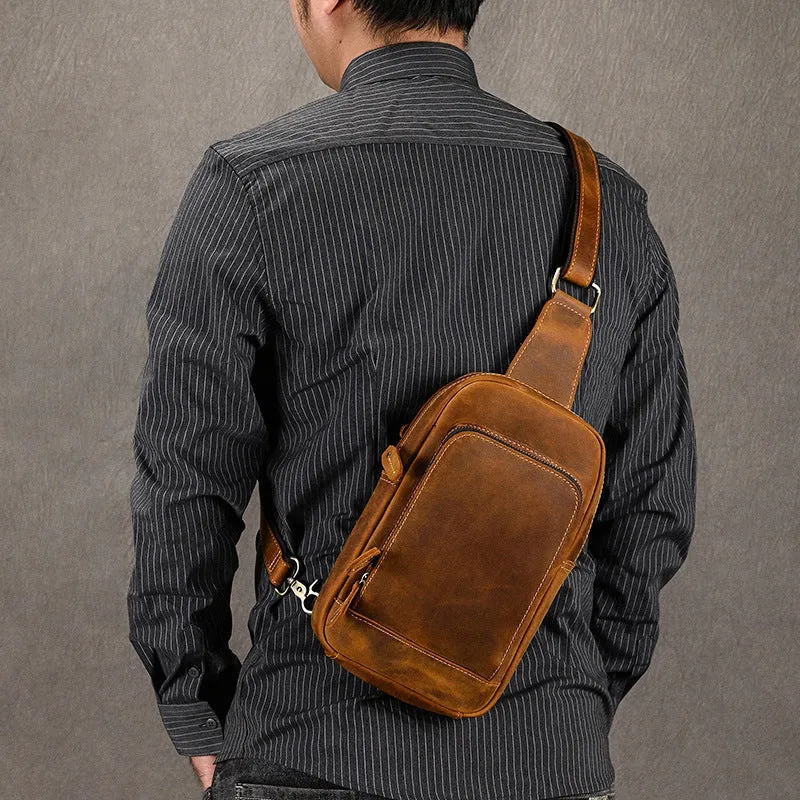 Brown One Strap Backpack For Men Leather Men's Sling Bag Sling Pack Leather Chest Bag