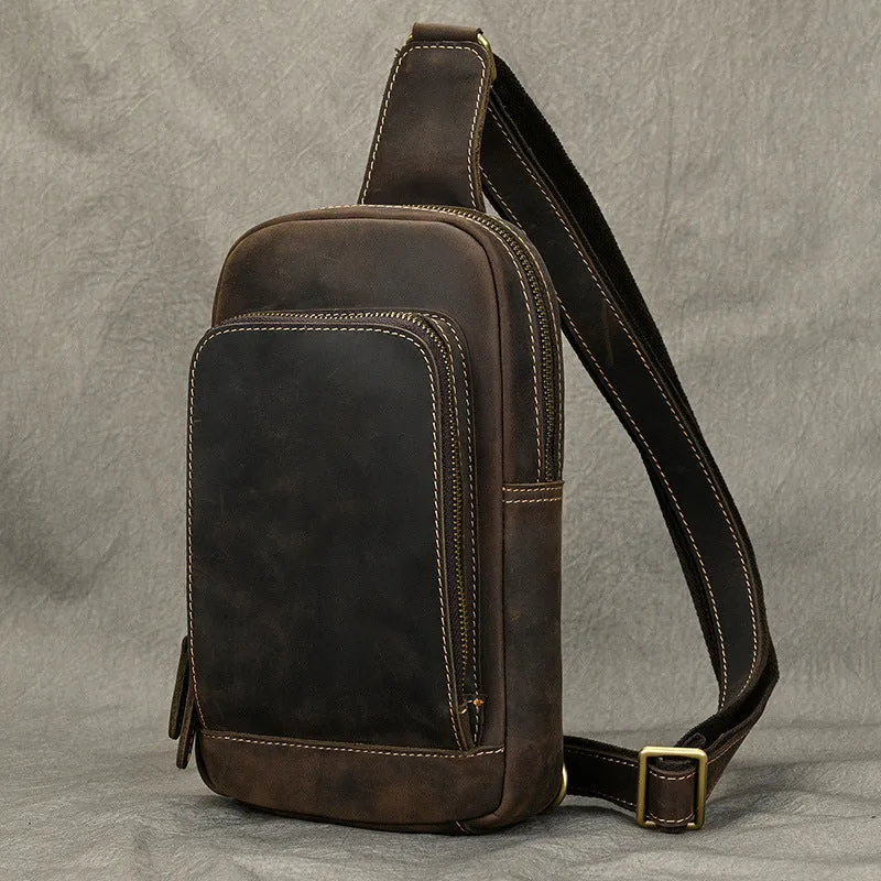 Brown One Strap Backpack For Men Leather Men's Sling Bag Sling Pack Leather Chest Bag