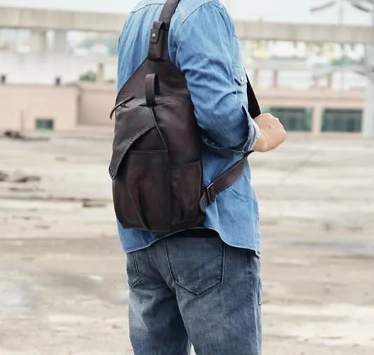 Brown Vintage Leather Mens Cool Sling Bag Chest Bag Sling Shoulder Bag for men
