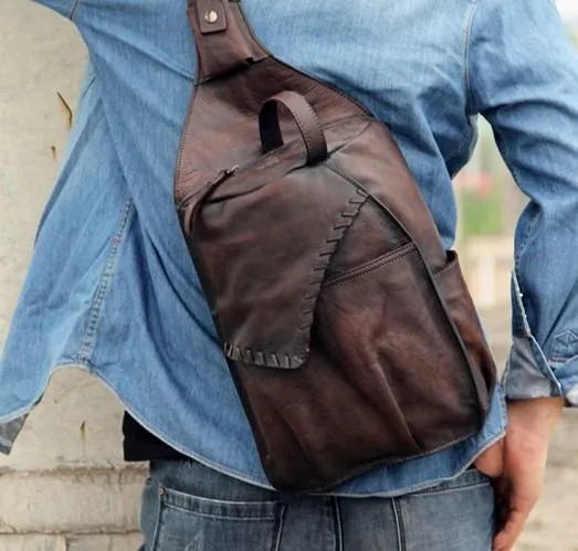Brown Vintage Leather Mens Cool Sling Bag Chest Bag Sling Shoulder Bag for men