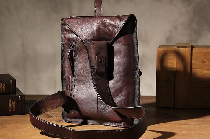 Brown Vintage Leather Mens Cool Sling Bag Chest Bag Sling Shoulder Bag for men