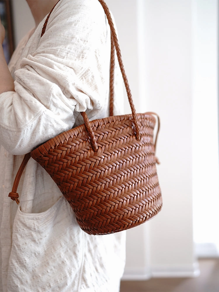 Brown Womens Braided Leather Shoulder Bag Womens Braided Bucket Purse for Ladies