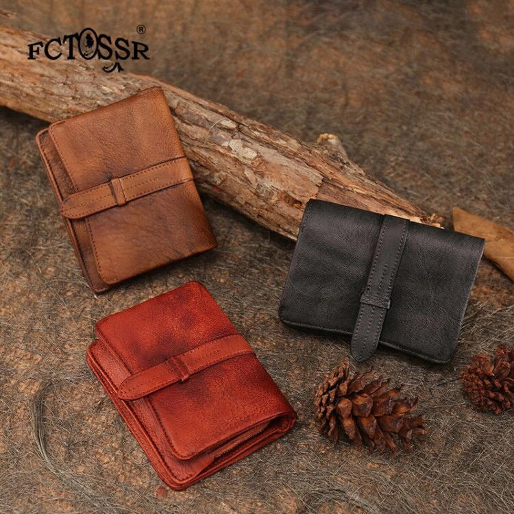 Brown Womens Leather Bifold Small Wallet Vintage Buckle Small Wallet for Ladies