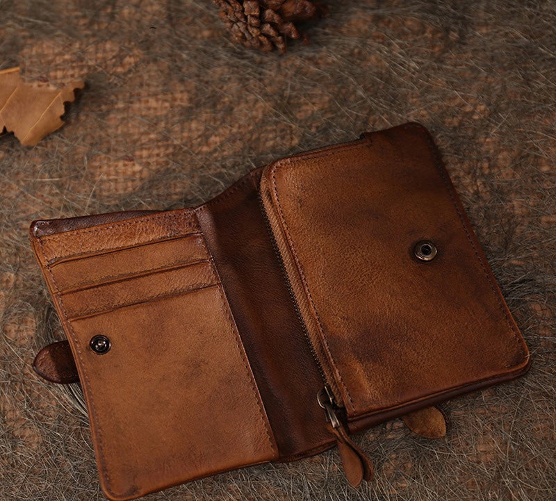 Brown Womens Leather Bifold Small Wallet Vintage Buckle Small Wallet for Ladies