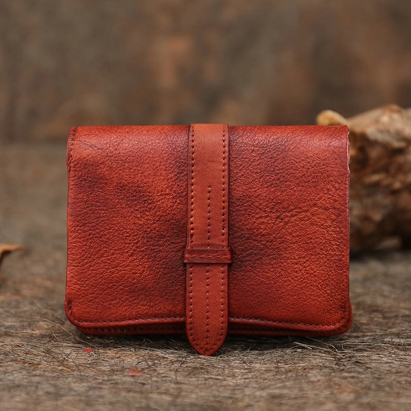 Brown Womens Leather Bifold Small Wallet Vintage Buckle Small Wallet for Ladies