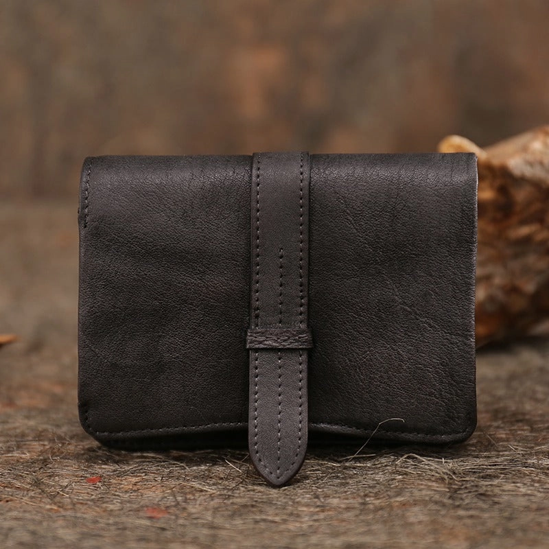 Brown Womens Leather Bifold Small Wallet Vintage Buckle Small Wallet for Ladies
