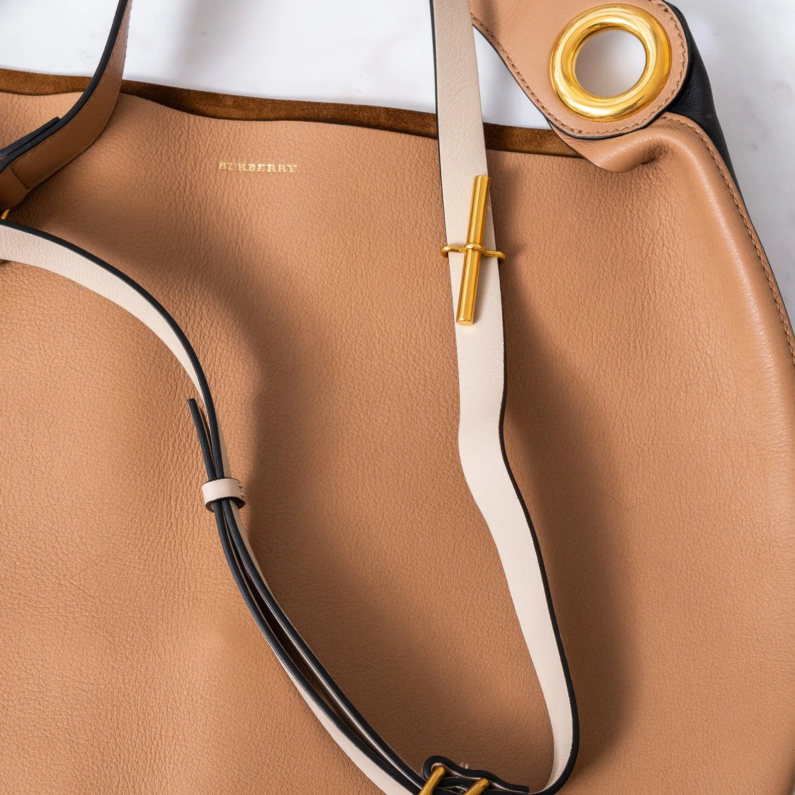 Burberry Large Camel And Black Leather Shoulder Bag
