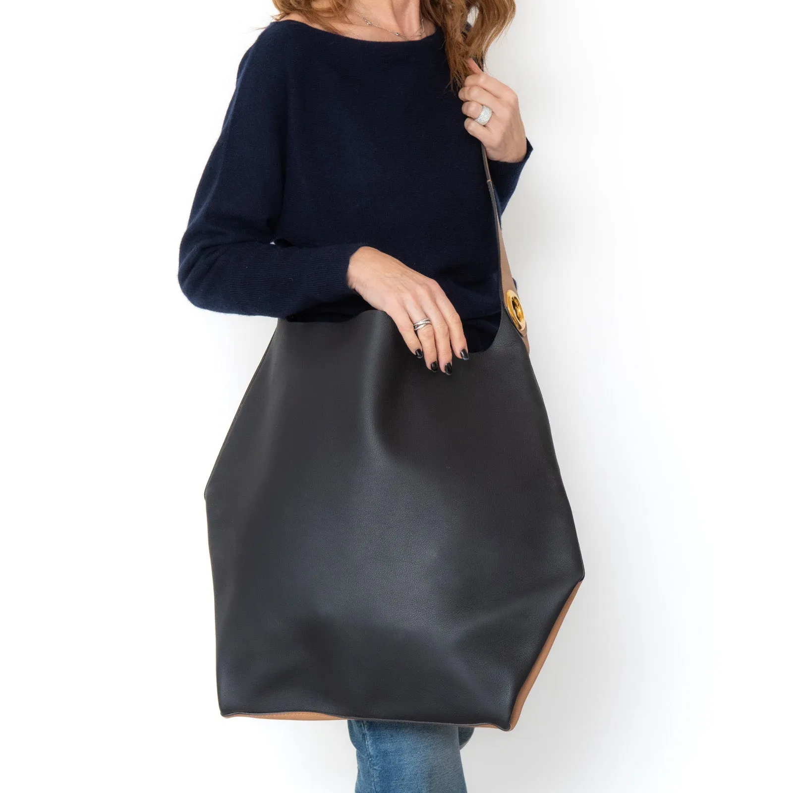 Burberry Large Camel And Black Leather Shoulder Bag