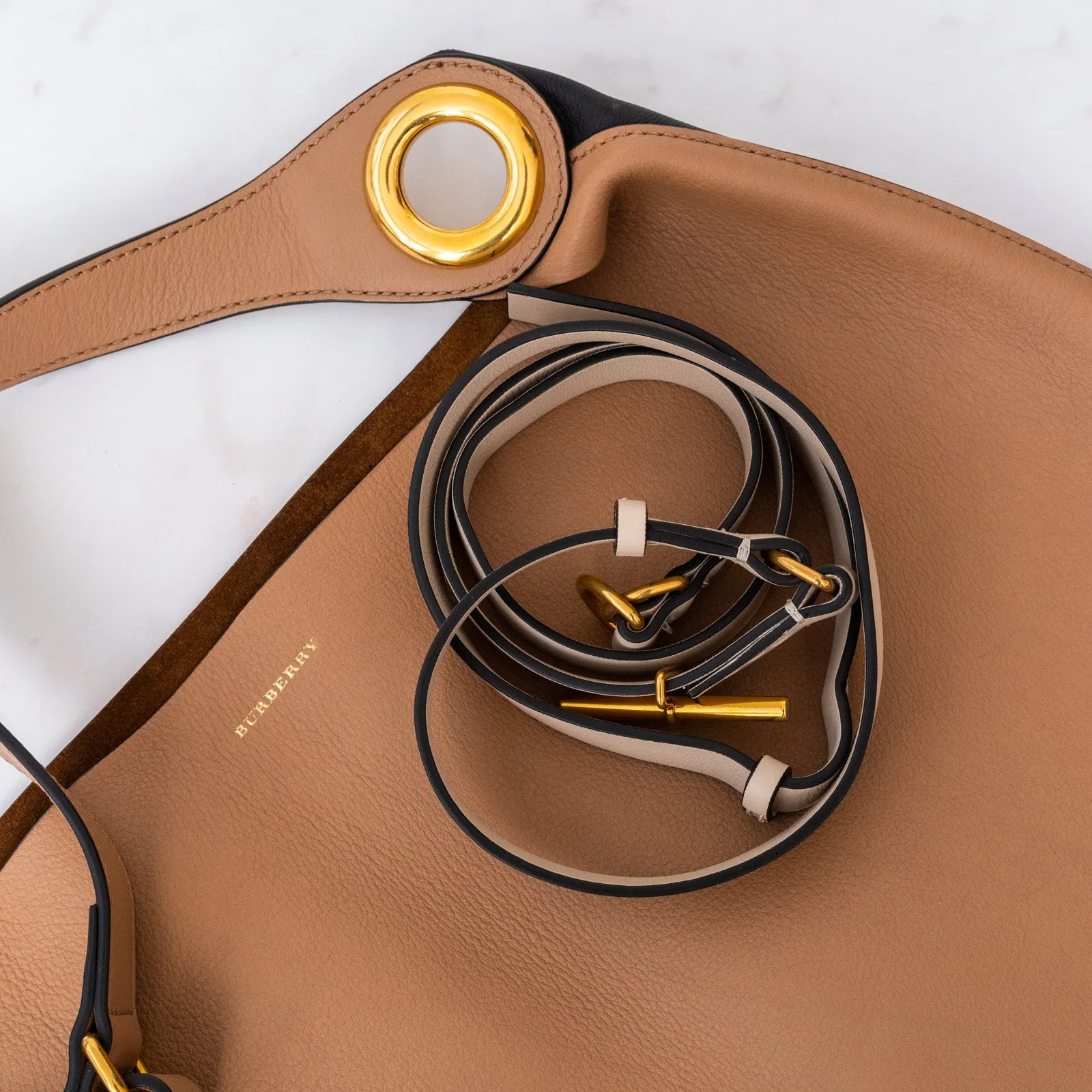 Burberry Large Camel And Black Leather Shoulder Bag