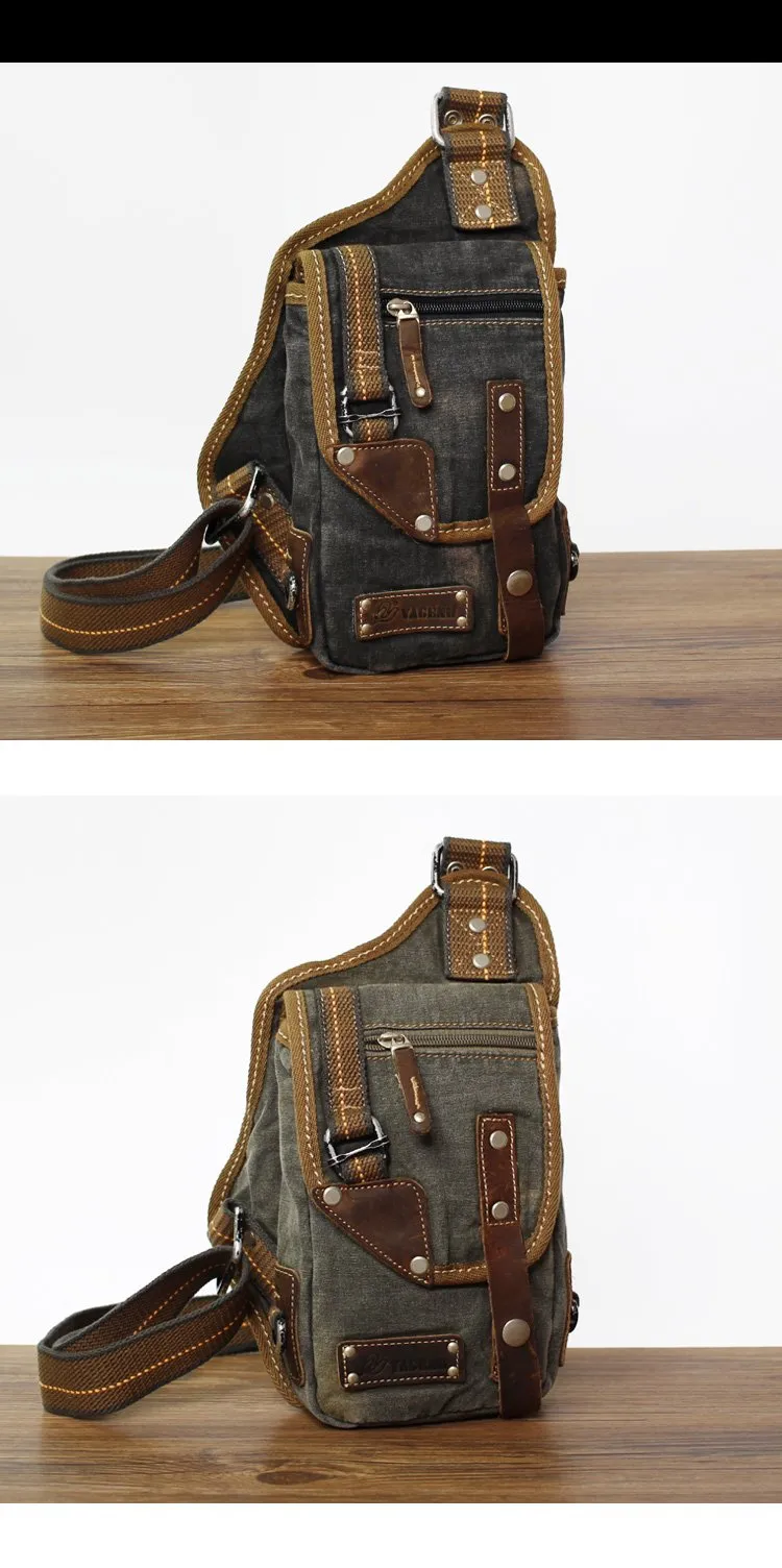 Canvas Black Mens Sling Bag Green Chest Bag One Shoulder Backpack For Men
