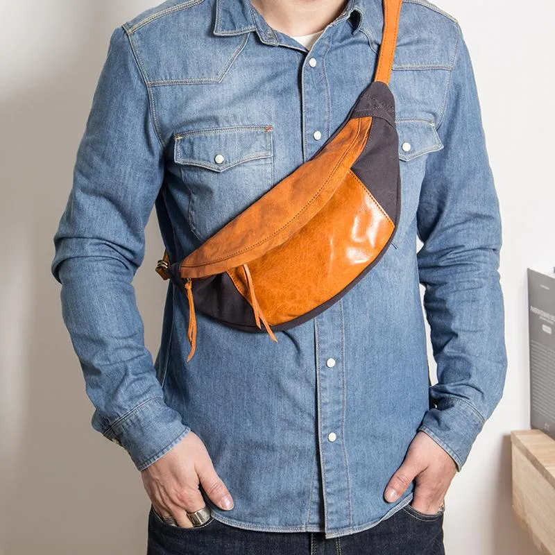 Canvas Leather Mens Sling Bag Dark Gray Chest Bag One Shoulder Backpack for Men