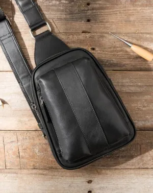 Casual Black Leather Mens Sling Bag Black Sling Pack One Shoulder Backpack for Men