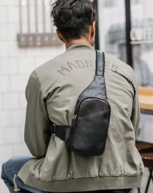 Casual Black Leather Mens Sling Bag Chest Bag Black Sling Shoulder Bag One Shoulder Backpack for Men
