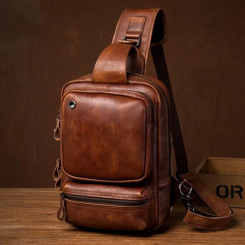 Casual Brown Leather Mens Sling Pack Sling Bag Chest Bag One Shoulder Backpack for Men
