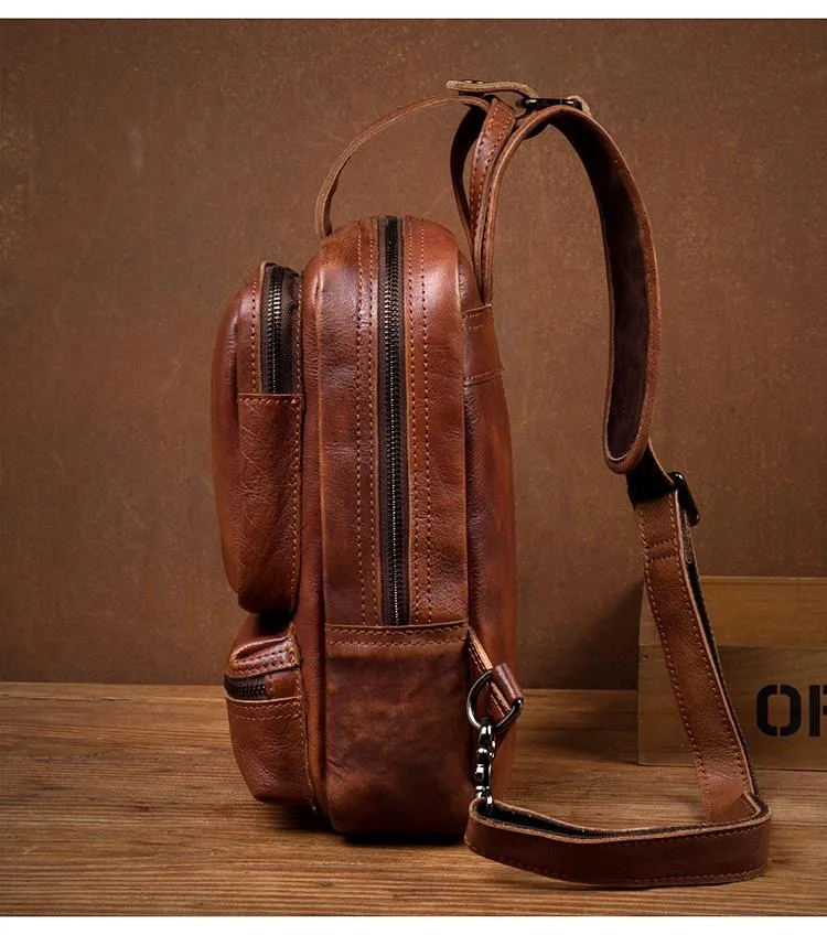 Casual Brown Leather Mens Sling Pack Sling Bag Chest Bag One Shoulder Backpack for Men
