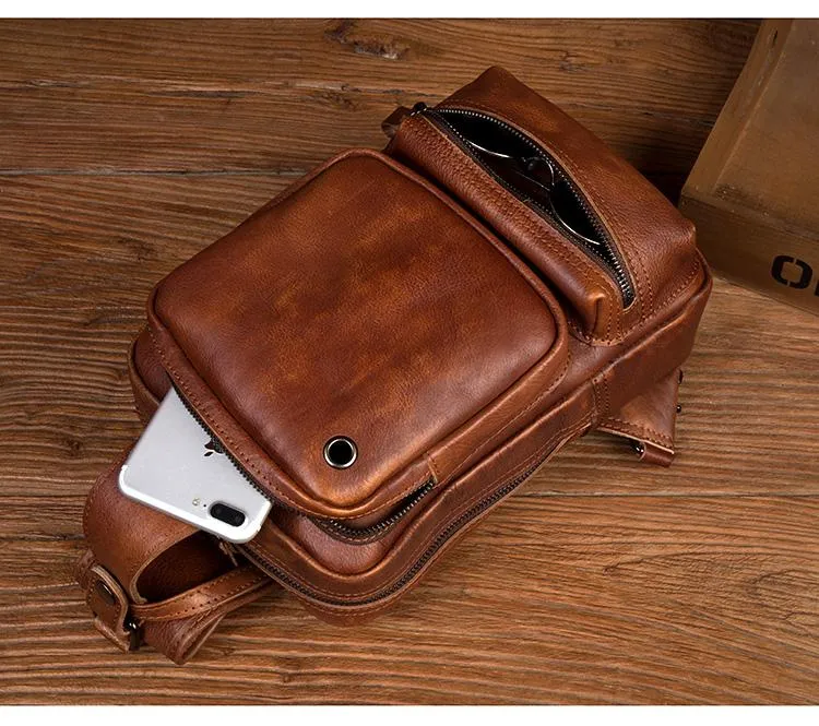 Casual Brown Leather Mens Sling Pack Sling Bag Chest Bag One Shoulder Backpack for Men