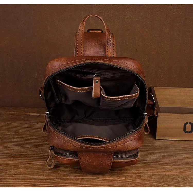 Casual Brown Leather Mens Sling Pack Sling Bag Chest Bag One Shoulder Backpack for Men
