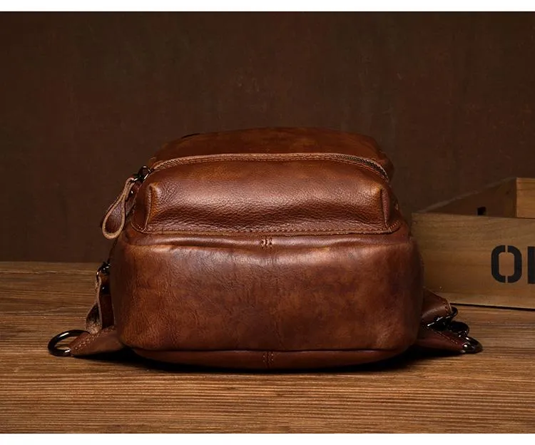 Casual Brown Leather Mens Sling Pack Sling Bag Chest Bag One Shoulder Backpack for Men