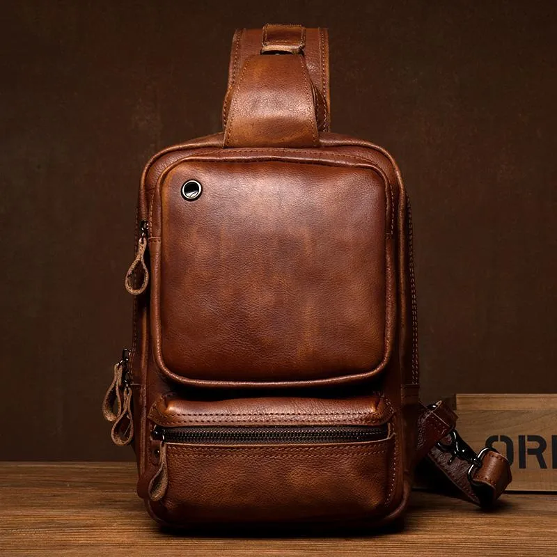 Casual Brown Leather Mens Sling Pack Sling Bag Chest Bag One Shoulder Backpack for Men