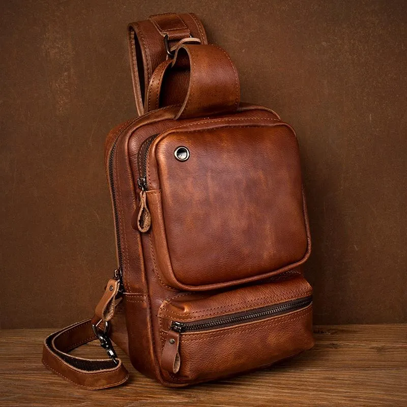 Casual Brown Leather Mens Sling Pack Sling Bag Chest Bag One Shoulder Backpack for Men