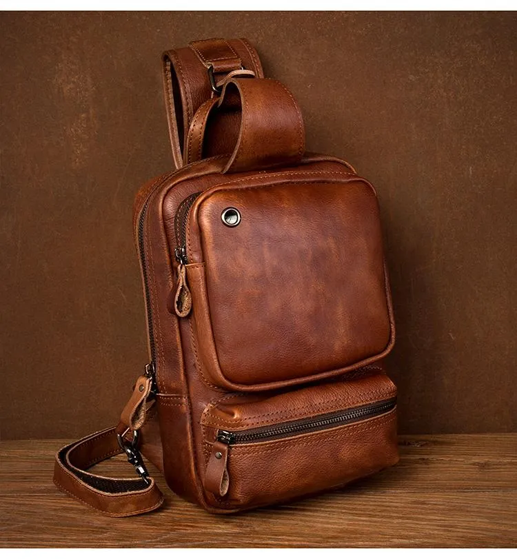 Casual Brown Leather Mens Sling Pack Sling Bag Chest Bag One Shoulder Backpack for Men