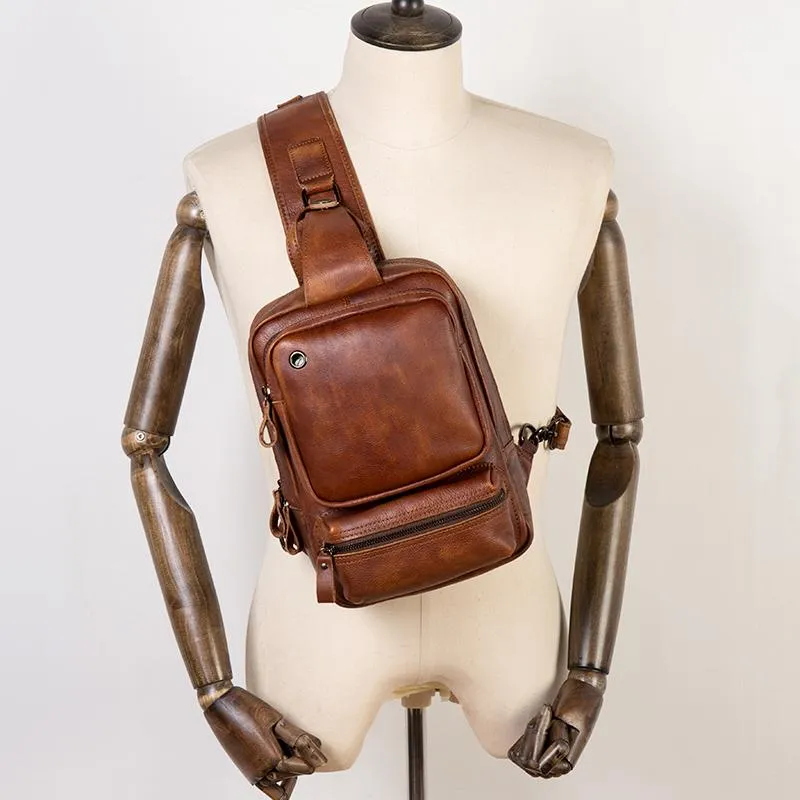 Casual Brown Leather Mens Sling Pack Sling Bag Chest Bag One Shoulder Backpack for Men