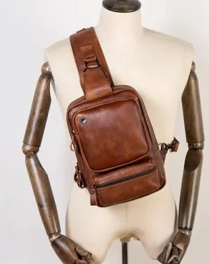 Casual Brown Leather Mens Sling Pack Sling Bag Chest Bag One Shoulder Backpack for Men