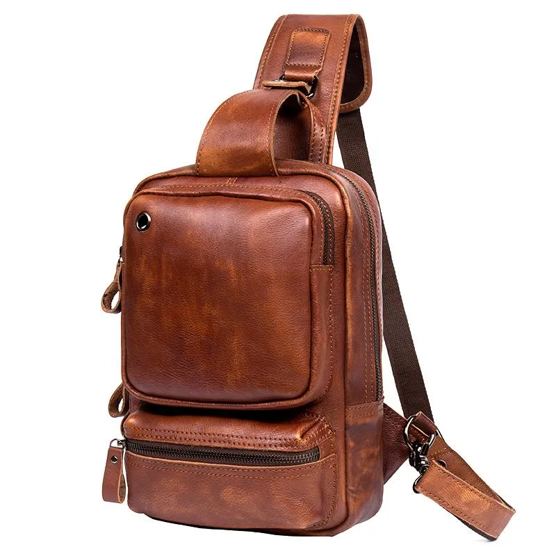 Casual Brown Leather Mens Sling Pack Sling Bag Chest Bag One Shoulder Backpack for Men