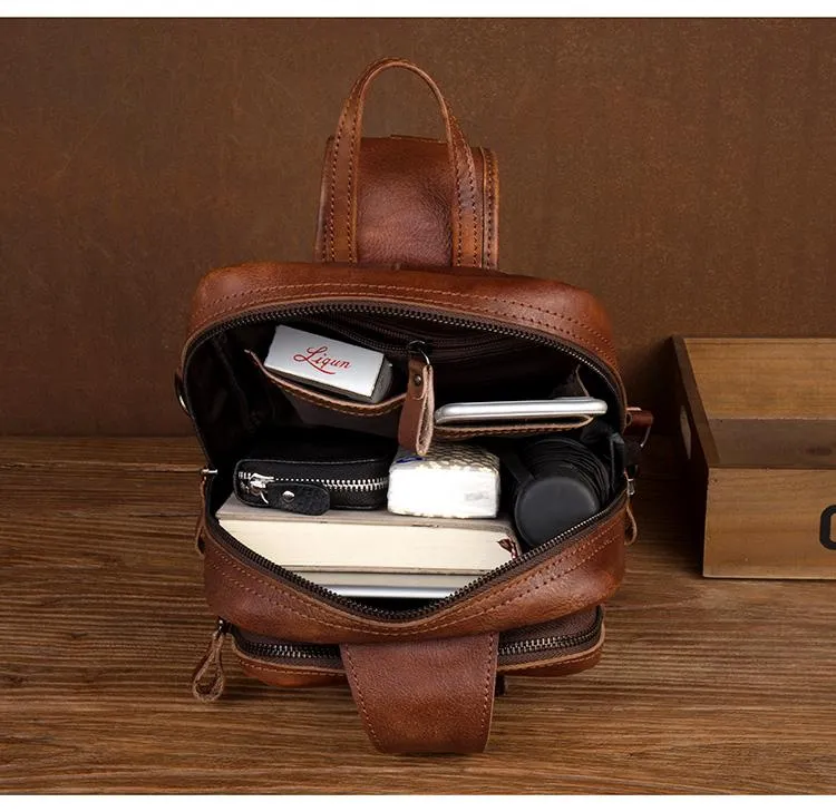 Casual Brown Leather Mens Sling Pack Sling Bag Chest Bag One Shoulder Backpack for Men