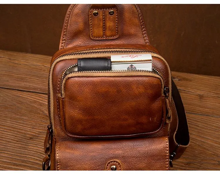 Casual Brown Leather Mens Sling Pack Sling Bag Chest Bags One Shoulder Backpack for Men