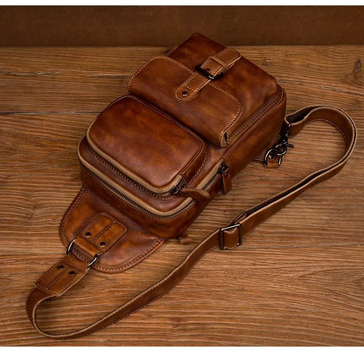 Casual Brown Leather Mens Sling Pack Sling Bag Chest Bags One Shoulder Backpack for Men