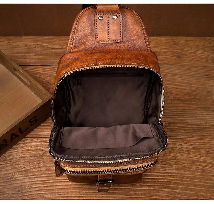 Casual Brown Leather Mens Sling Pack Sling Bag Chest Bags One Shoulder Backpack for Men