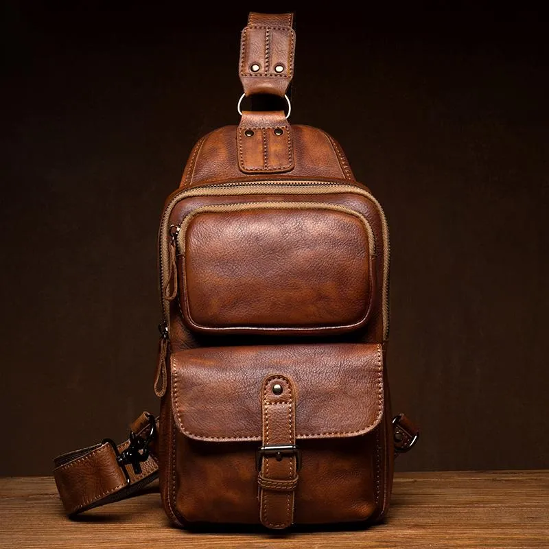 Casual Brown Leather Mens Sling Pack Sling Bag Chest Bags One Shoulder Backpack for Men