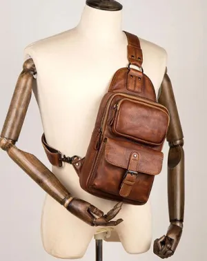 Casual Brown Leather Mens Sling Pack Sling Bag Chest Bags One Shoulder Backpack for Men