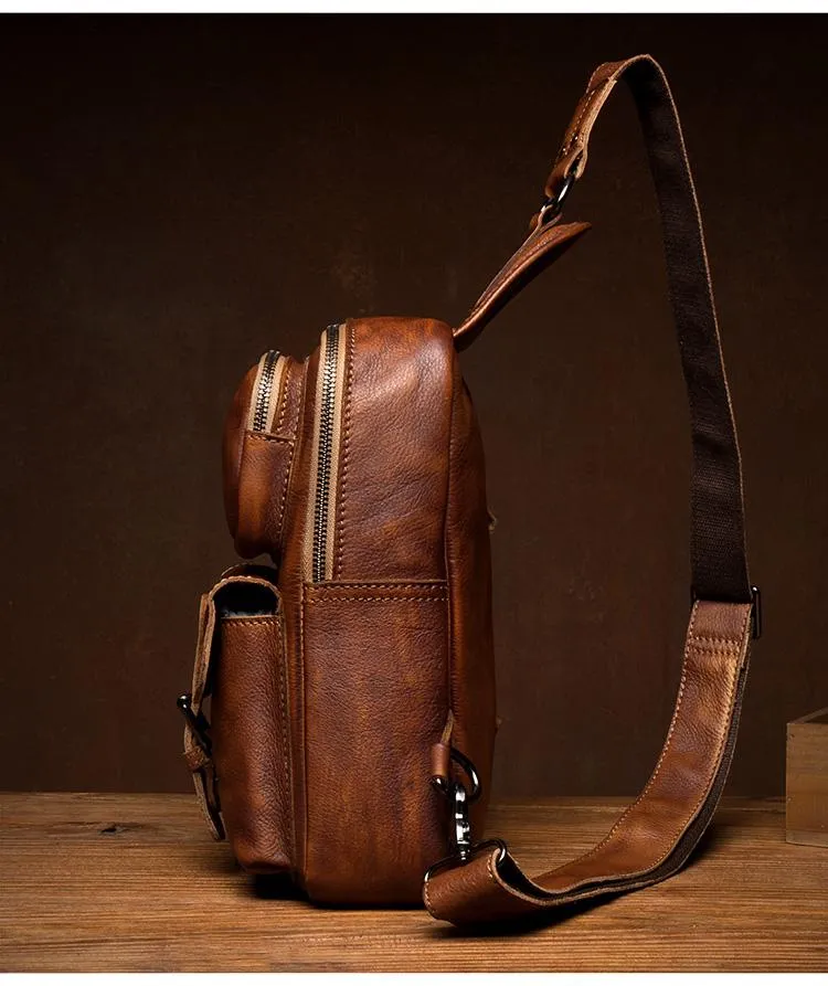 Casual Brown Leather Mens Sling Pack Sling Bag Chest Bags One Shoulder Backpack for Men